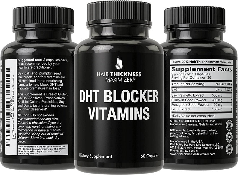 Three Hair Thickness Maximizer DHT Blocker Vitamins bottles, black, 60 capsules each