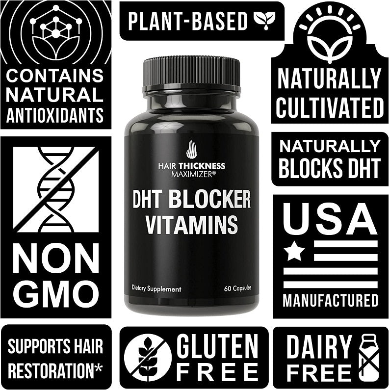 DHT Blocker Vitamins bottle with plant-based, non-GMO, USA badges, 60 capsules