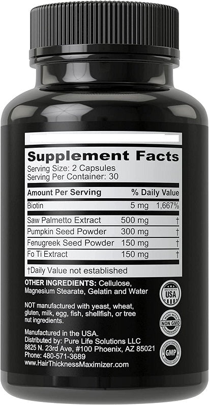 Hair Thickness Maximizer DHT Blocker Vitamins supplement facts label on back of bottle