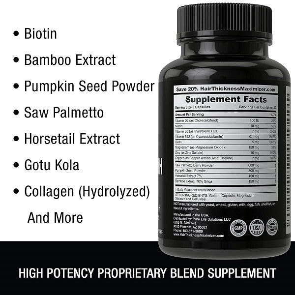 Hair growth vitamins bottle back label with ingredient bullets and supplement facts
