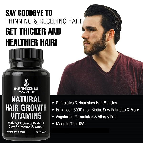 Hair growth vitamins bottle with black cap, shown next to a man