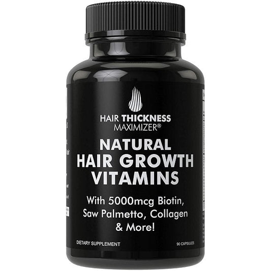 Natural hair growth vitamins supplement bottle with black cap, 90 capsules