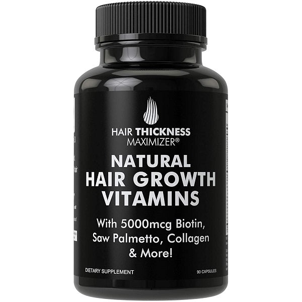 Natural hair growth vitamins supplement bottle with black cap, 90 capsules