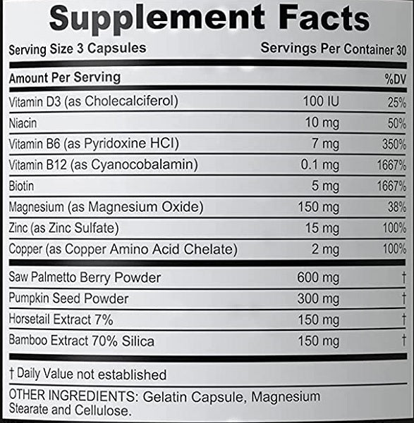 Supplement facts label with vitamin, biotin, mineral amounts and serving size