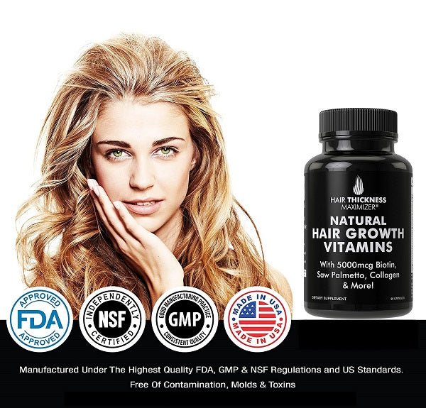 Natural hair growth vitamins bottle with FDA, NSF, GMP badges and Made in USA seal