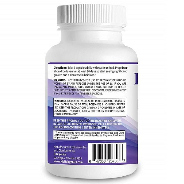HairGenics Propidren bottle back label with directions, warnings, barcode