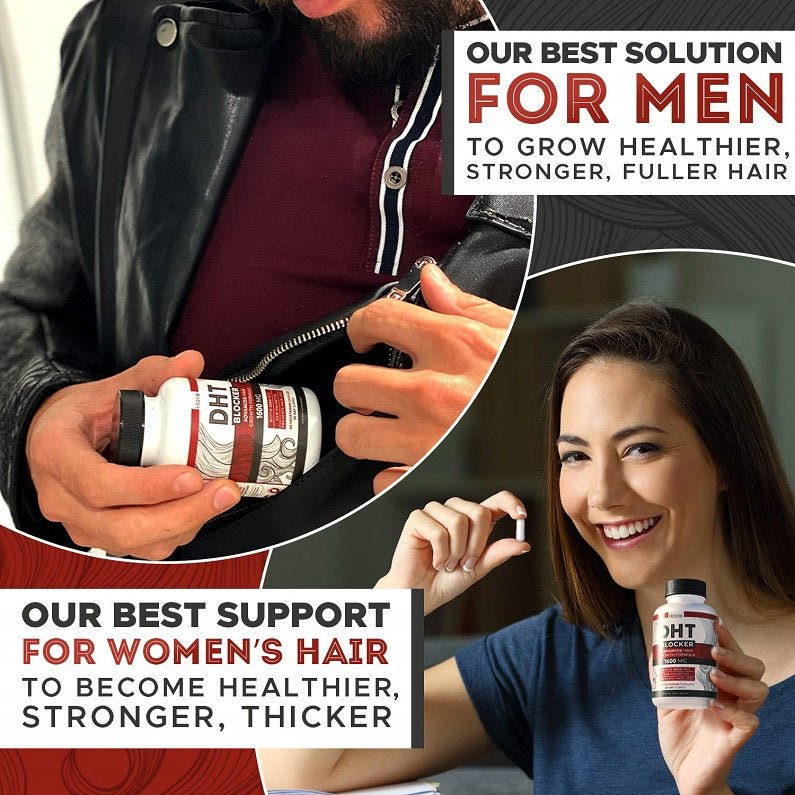 DHT blocker supplement bottle held in hands with men and women support banners