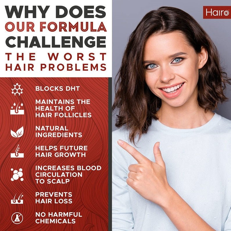 Hair growth supplement promotional panel with DHT blocker messaging beside smiling woman