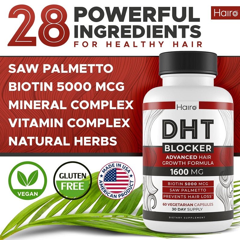 Hair supplement bottle with DHT blocker label and 28 powerful ingredients graphic