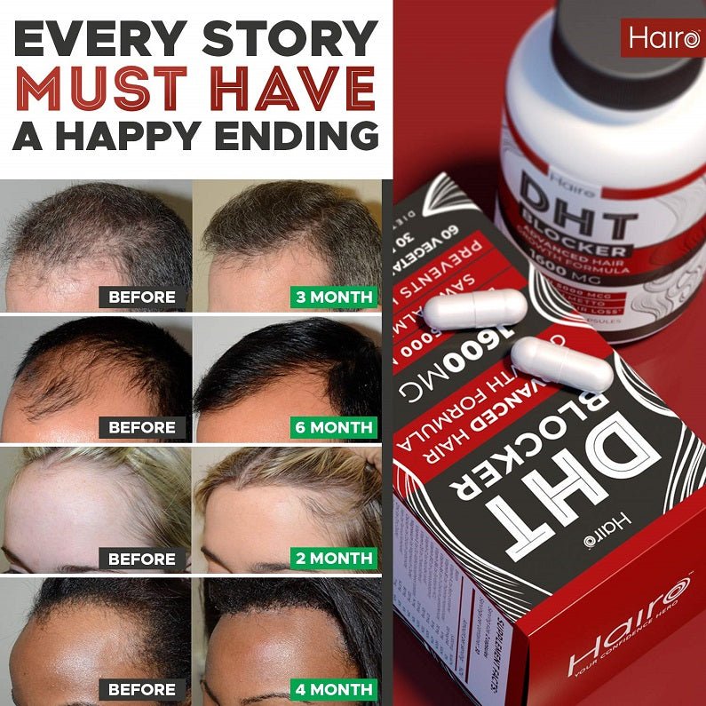 DHT blocker supplement bottle with before-and-after hair growth photo grid