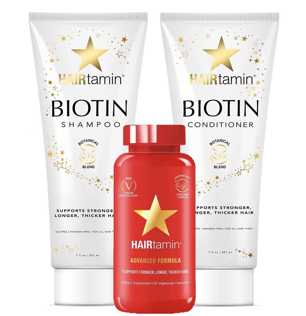 Hairtamin Biotin shampoo and conditioner tubes with Advanced Formula red supplement bottle