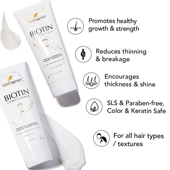 Biotin shampoo and conditioner tubes with icons for growth and reduced breakage