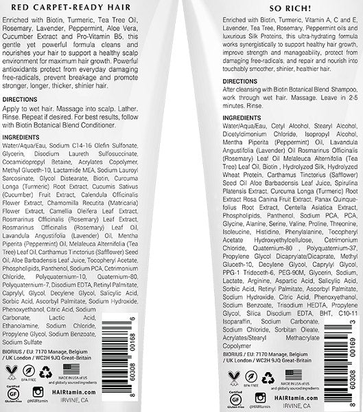 Biotin shampoo and conditioner back labels with ingredient and directions panels