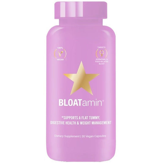 Purple dietary supplement bottle with star label and BLOATamin branding