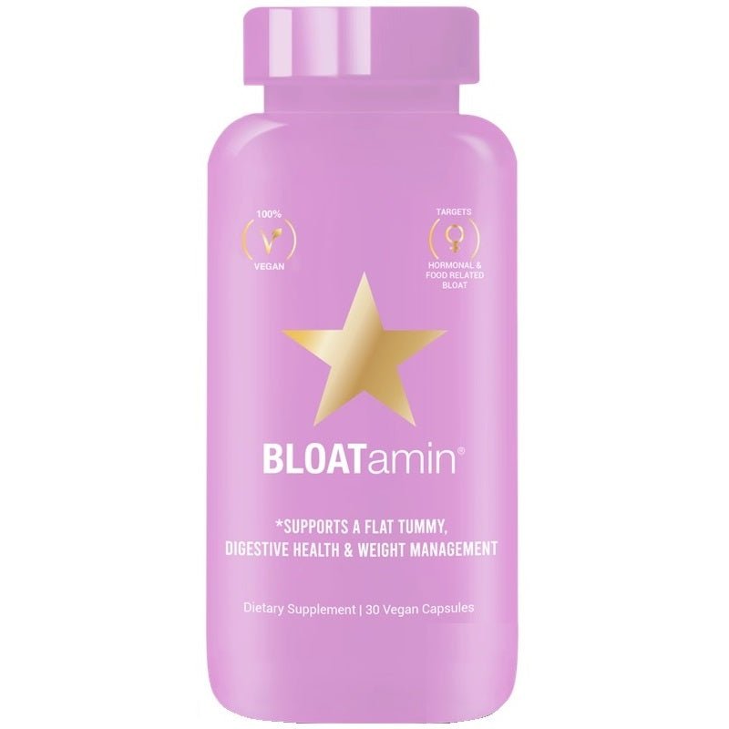 Purple dietary supplement bottle with star label and BLOATamin branding