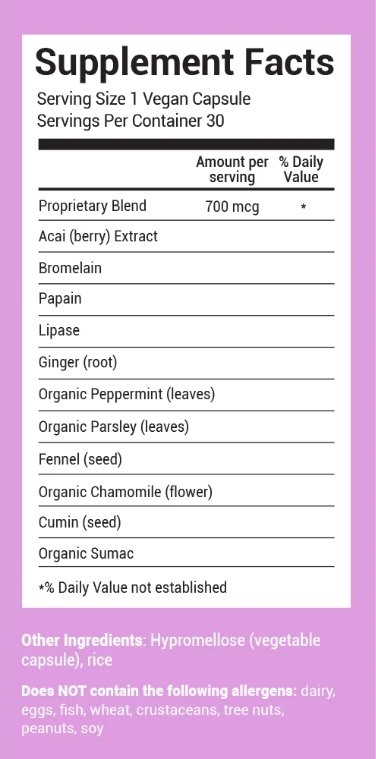 Supplement facts label listing ingredients and serving size for vegan capsules