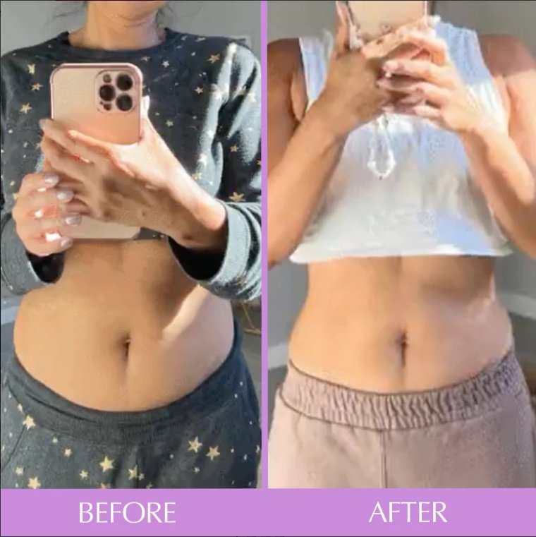 Side-by-side before and after waist photos featuring the digestive health supplement