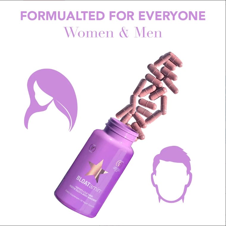 Purple supplement bottle with capsules, shown for women and men