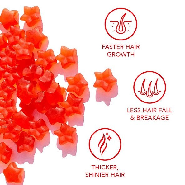 Orange star-shaped vegan gummies with faster growth, less hair fall, shinier hair icons