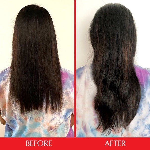 Hair growth before-and-after: longer, fuller dark hair compared with before