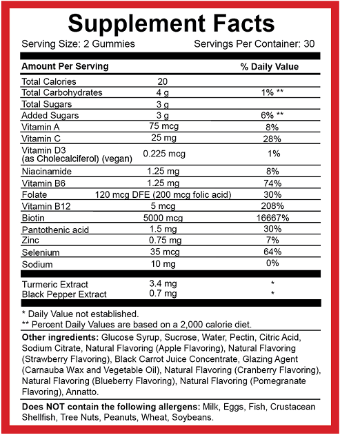 Supplement facts panel for hair growth gummy vitamins, serving size 2 gummies