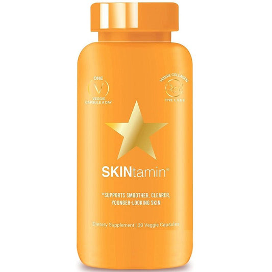 Orange SKINtamin veggie collagen supplement bottle with star label