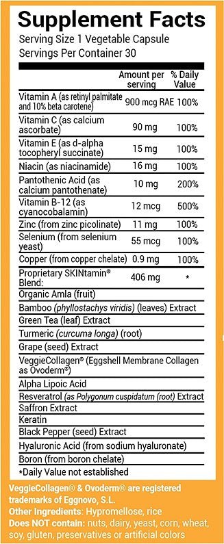 Supplement Facts panel for SKINtamin veggie collagen capsules with vitamin list