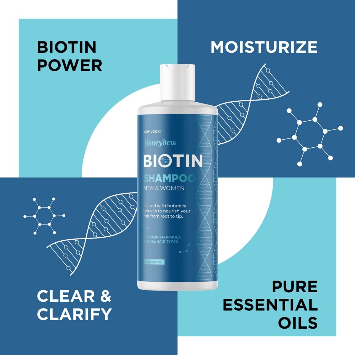 Biotin shampoo bottle with 'Biotin Power' and oil icons, blue-and-white graphic