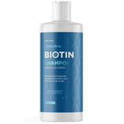 Biotin shampoo bottle for men and women with blue label on white plastic