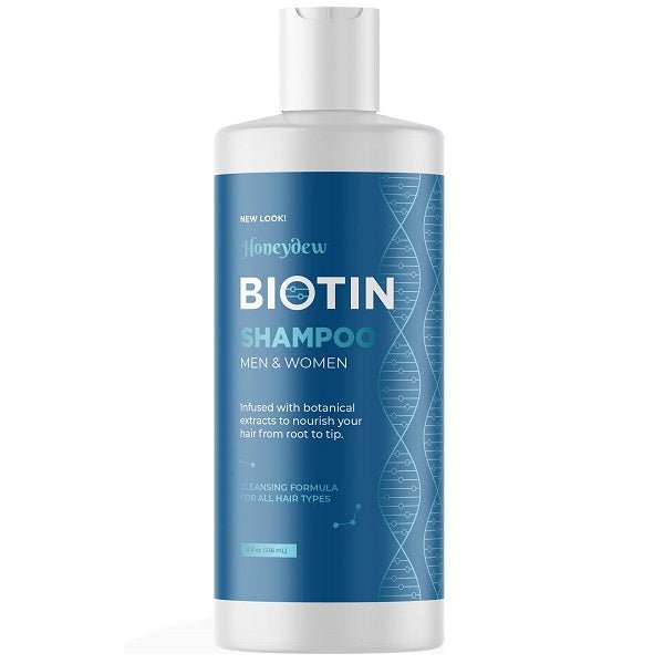 Biotin shampoo bottle for men and women with blue label on white plastic