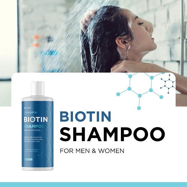 Biotin shampoo bottle for men and women with large Biotin Shampoo text overlay