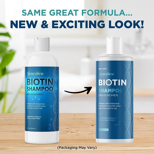 Biotin shampoo bottle shown with smaller bottle, blue label on white plastic