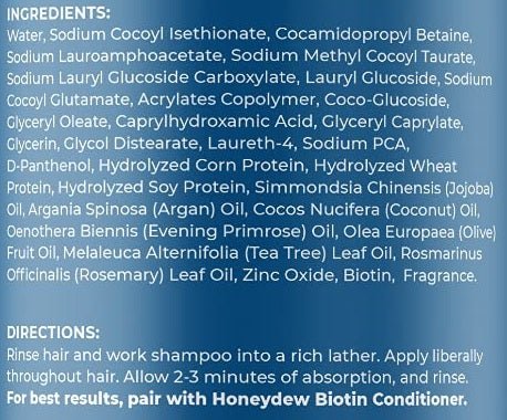 Biotin shampoo ingredients and directions panel with bottle, blue label on white
