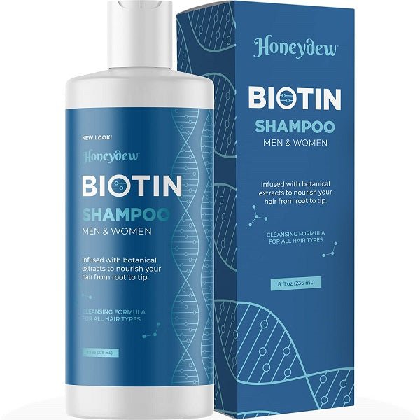 Biotin shampoo bottle and matching box, blue-and-white packaging for men and women