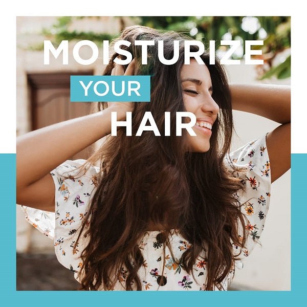 Moisturizing hair biotin promo graphic with a smiling woman holding hair