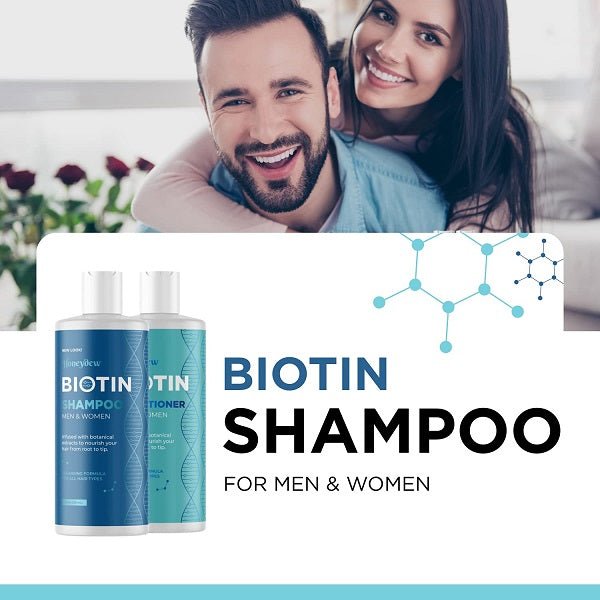 Biotin shampoo bottle for men and women with large label text