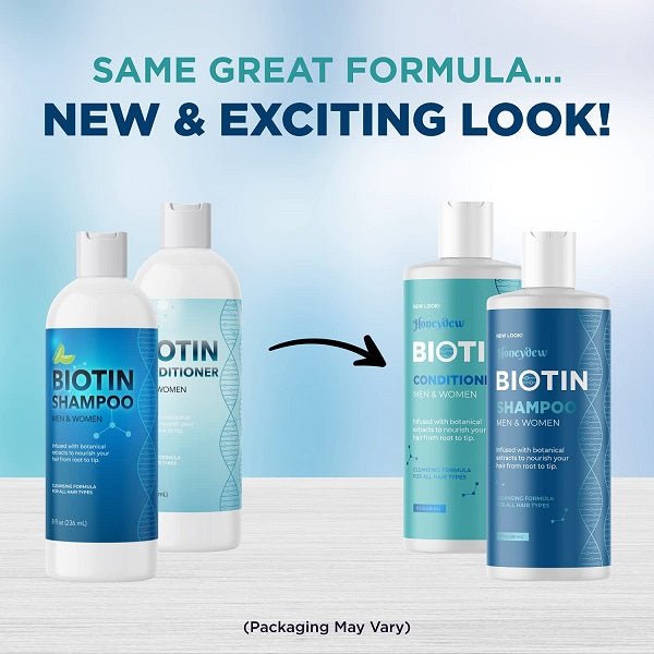 Biotin shampoo and conditioner bottles on display with updated packaging