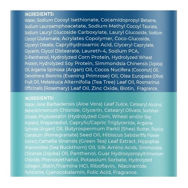 Biotin shampoo and conditioner ingredient panels on back labels