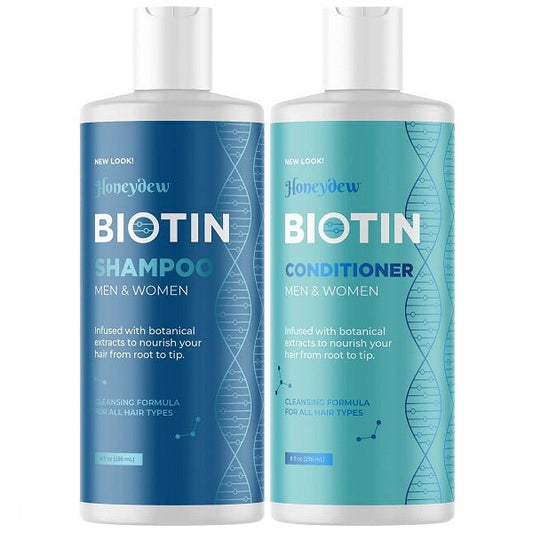 Biotin shampoo and conditioner bottles with blue Honeydew labels