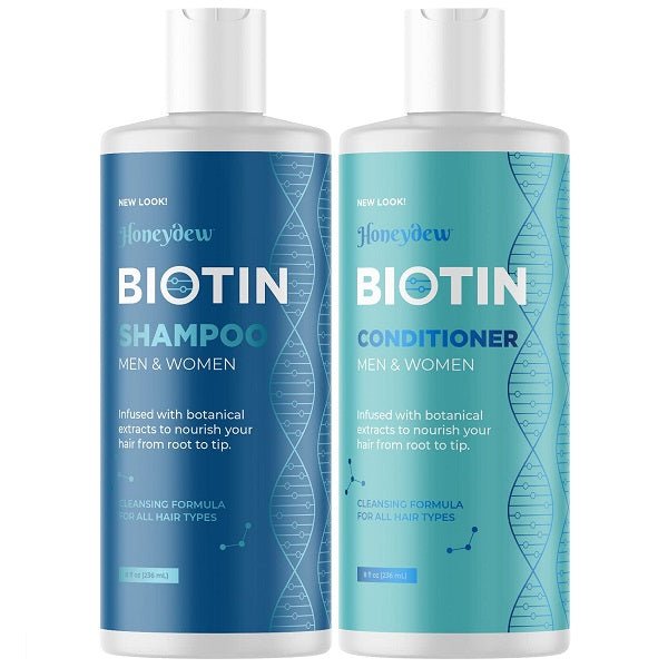 Biotin shampoo and conditioner bottles with blue Honeydew labels