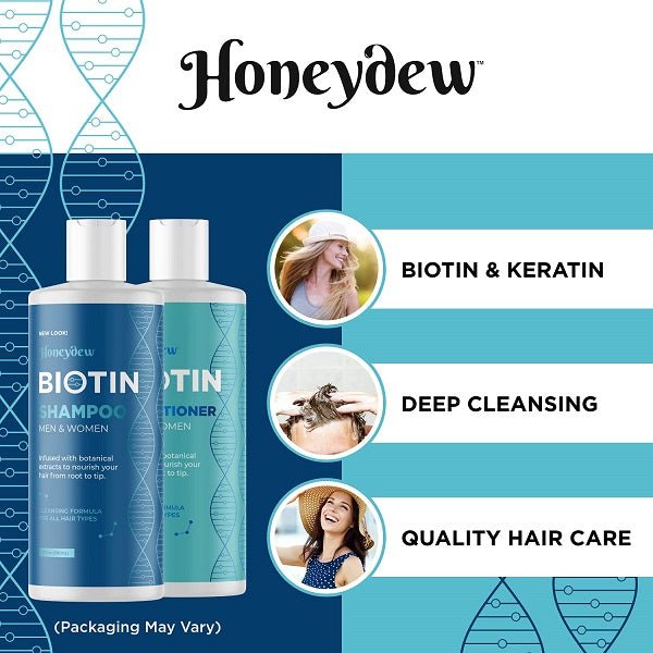 Biotin shampoo and conditioner bottles with Honeydew logo and icons