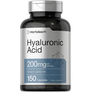 Hyaluronic Acid 200 mg supplement bottle, 150 capsules, silver cap close-up