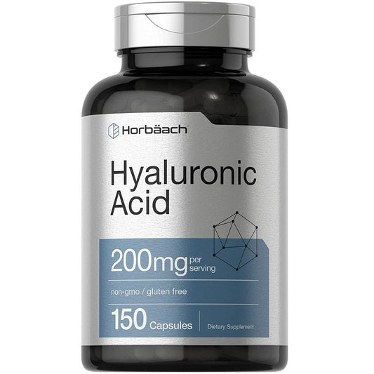 Hyaluronic Acid 200 mg supplement bottle, 150 capsules, silver cap close-up