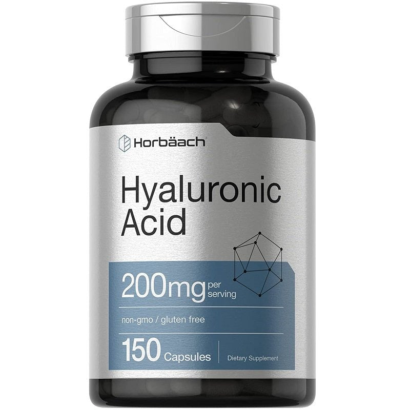Hyaluronic Acid 200 mg supplement bottle, 150 capsules, silver cap close-up