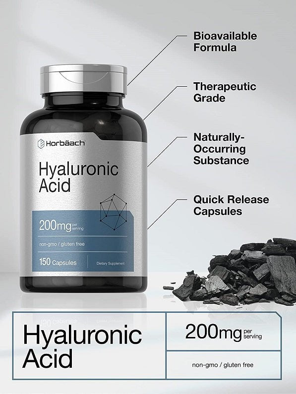 Hyaluronic Acid supplement bottle with bioavailable formula and quick release capsule info
