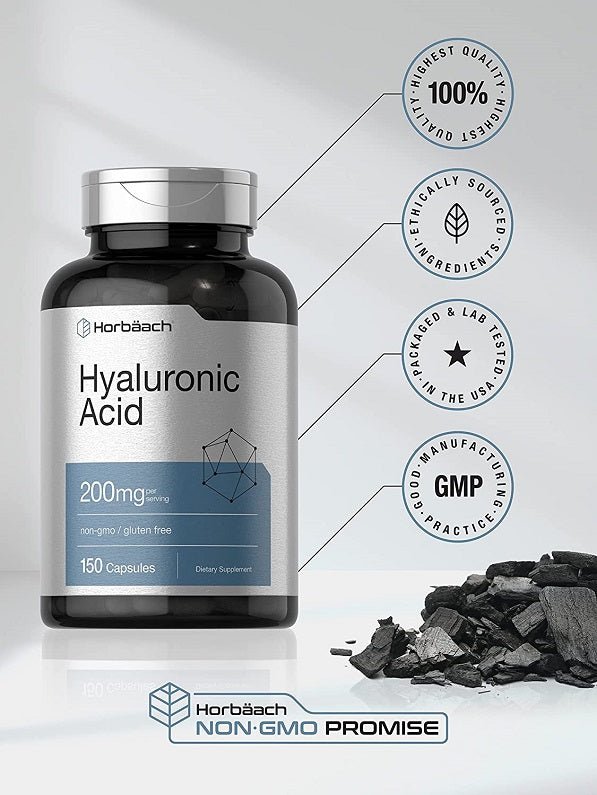 Hyaluronic Acid supplement bottle with GMP and quality seals, 200 mg, 150 capsules