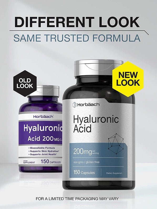 Hyaluronic Acid supplement bottle, 200 mg, 150 capsules, dark glass with silver cap
