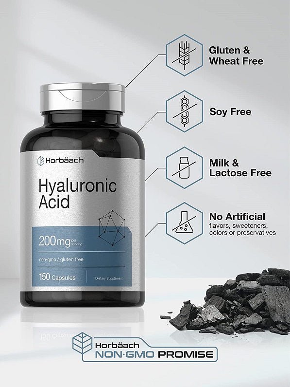 Hyaluronic Acid supplement bottle with gluten-, soy-, lactose-free and no artificial additives