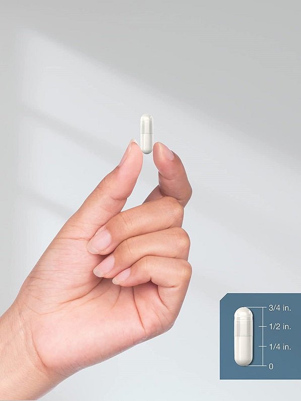 Hyaluronic Acid capsule held in fingers, with bottle size chart thumbnail