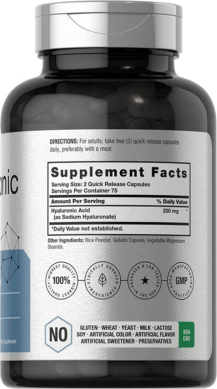 Hyaluronic Acid supplement facts label on bottle with gluten- and GMO-free badges